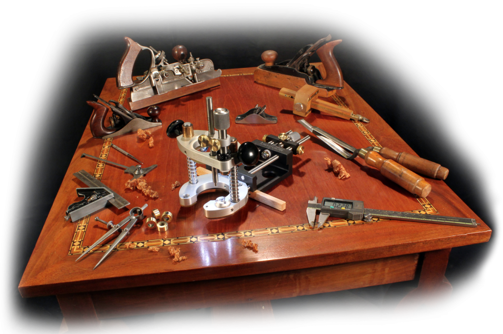 A display of multiple woodworking tools, from classic to modern, with black background.